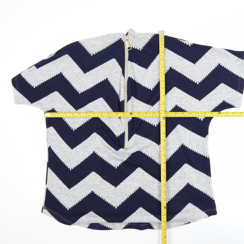 Roman Women Blue Geometric Tunic Blouse Size 16 Short Sleeve Zip