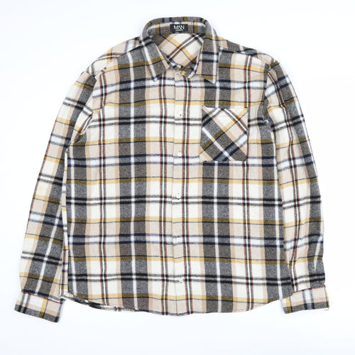 boohooMAN Men's Beige Checked Flannel Shirt Jacket XL