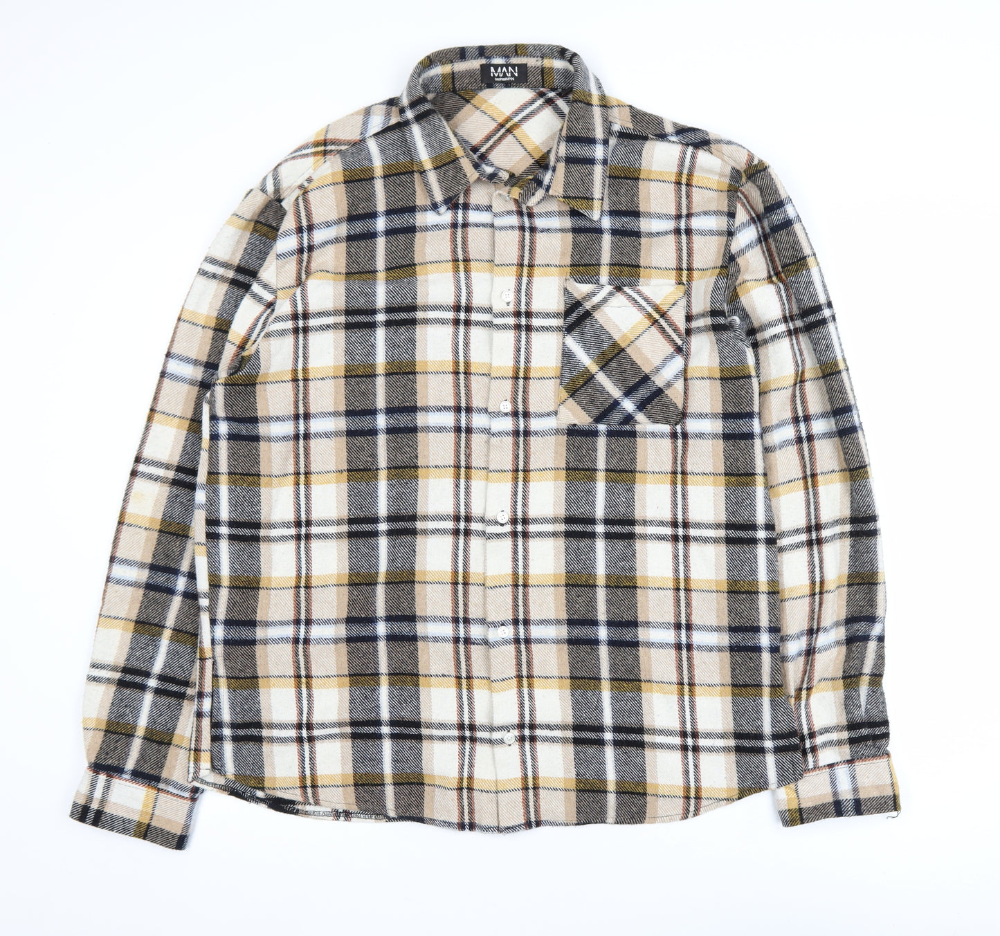 boohooMAN Men's Beige Checked Flannel Shirt Jacket XL