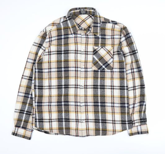 boohooMAN Men's Beige Checked Flannel Shirt Jacket XL