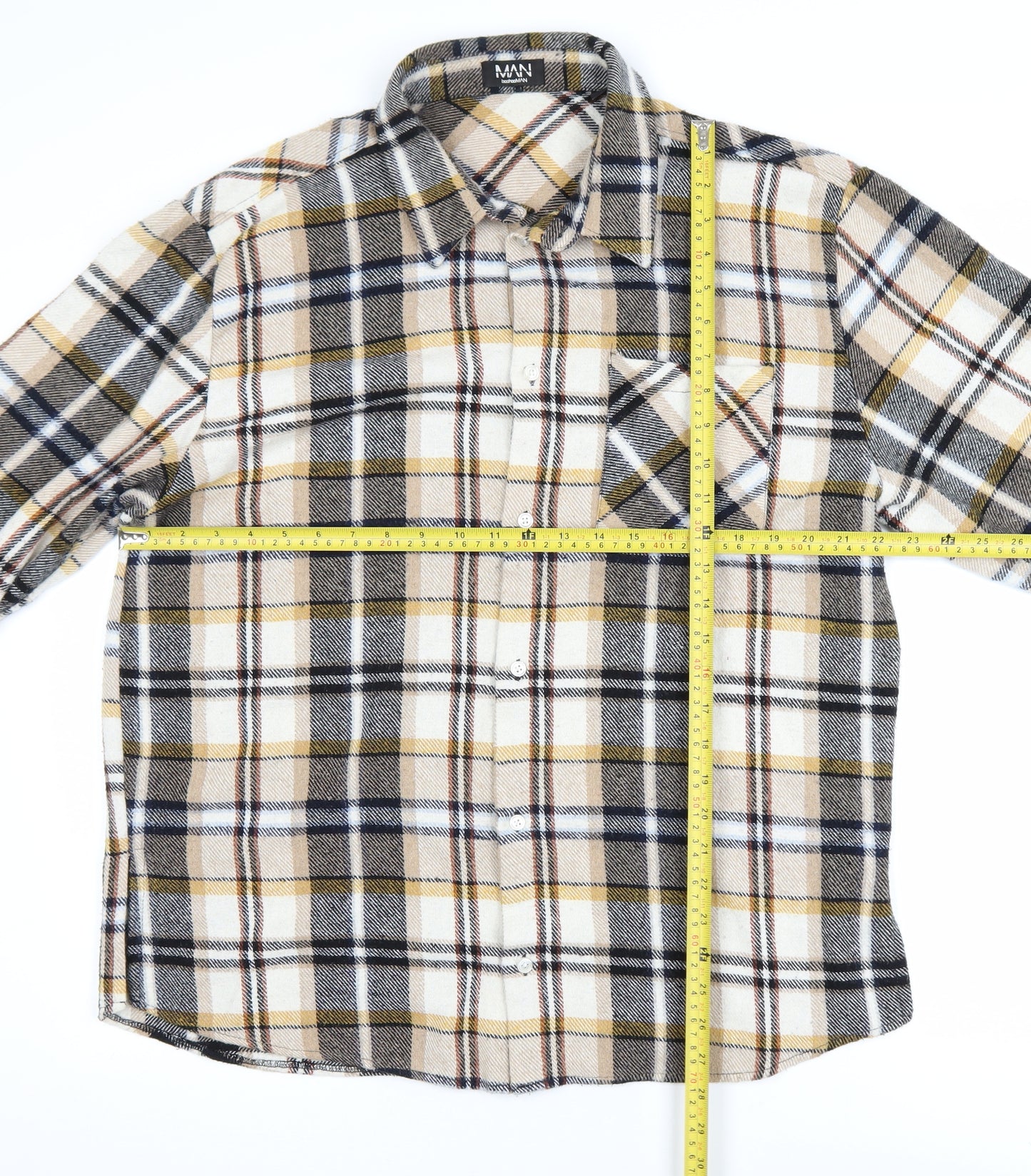 boohooMAN Men's Beige Checked Flannel Shirt Jacket XL