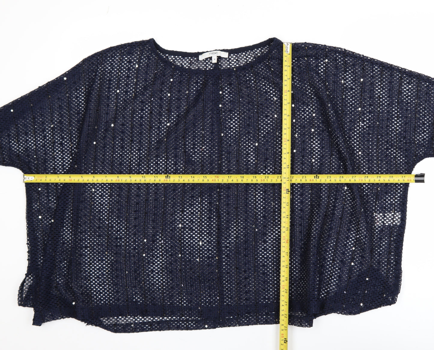 Next Women’s Blue Sequin Mesh Cropped Blouse Size 16
