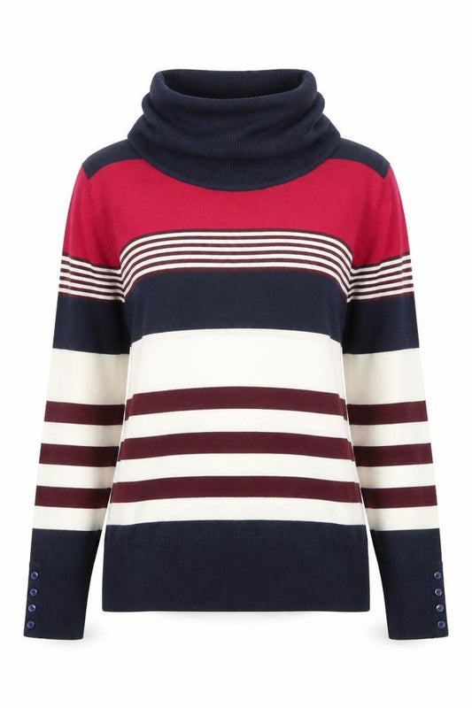 Front view of Isle Women’s Multicoloured Striped Roll Neck Jumper, size S, 10-12