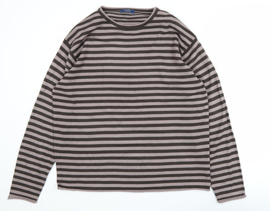 EASY Men's Brown Striped Acrylic Knit Jumper Size L Crew Neck