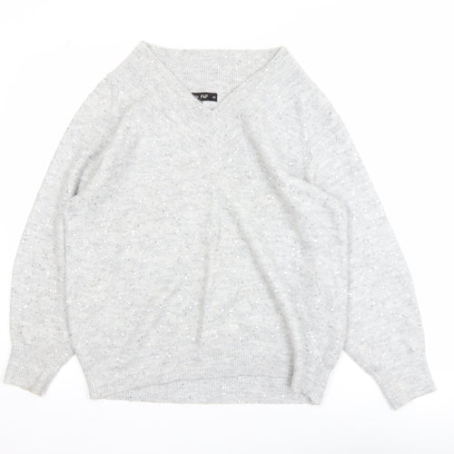 F&F Women's Grey V-Neck Sequin Knit Jumper Size M