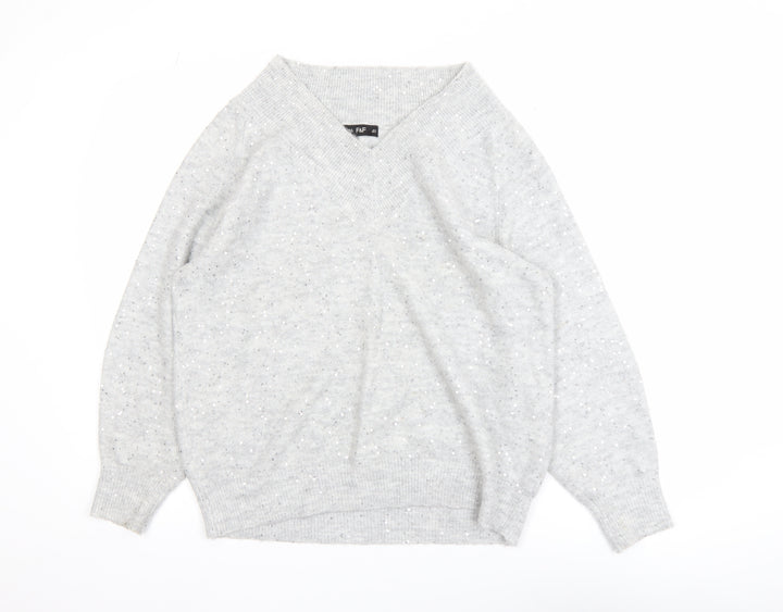 F&F Women's Grey V-Neck Sequin Knit Jumper Size M