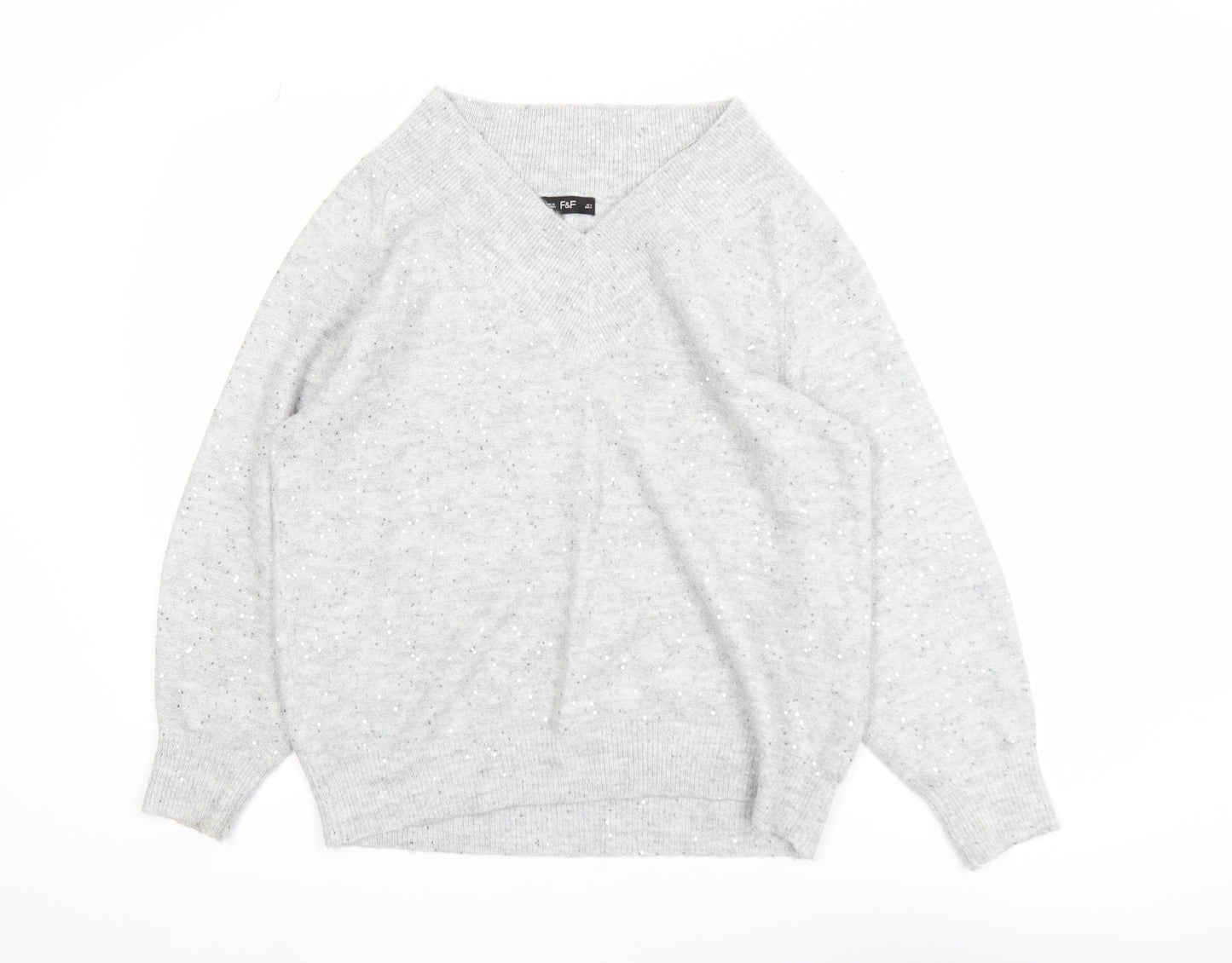 F&F Women's Grey V-Neck Sequin Knit Jumper Size M