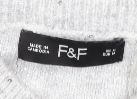 F&F Women's Grey V-Neck Sequin Knit Jumper Size M