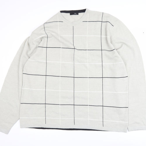 BHS Men’s Beige Check Crew Neck 2XL Acrylic Pullover Jumper