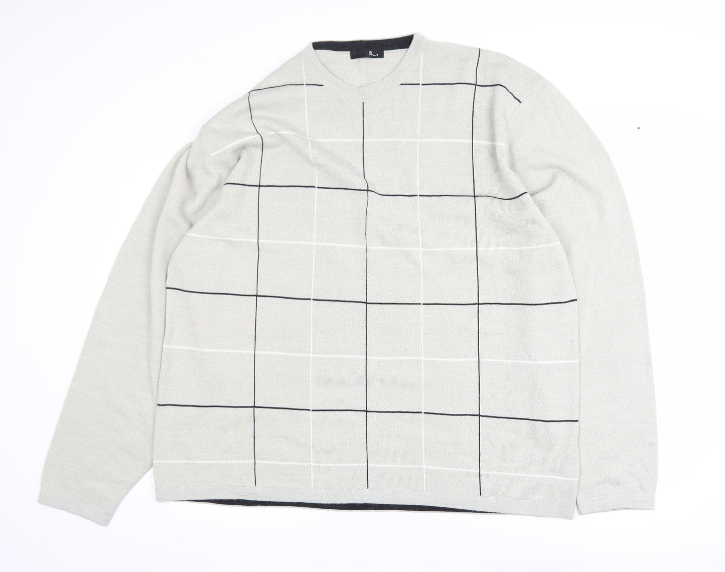 BHS Men’s Beige Check Crew Neck 2XL Acrylic Pullover Jumper