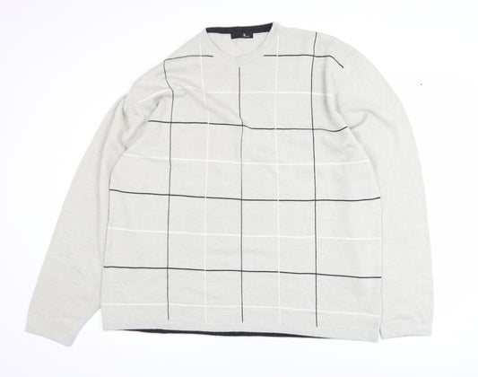 BHS Men’s Beige Check Crew Neck 2XL Acrylic Pullover Jumper