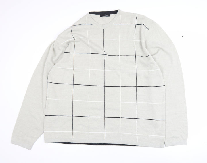 BHS Men’s Beige Check Crew Neck 2XL Acrylic Pullover Jumper