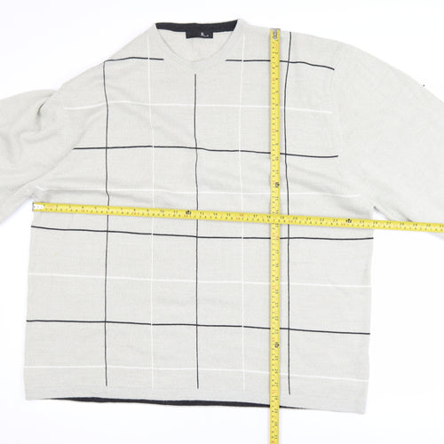 BHS Men’s Beige Check Crew Neck 2XL Acrylic Pullover Jumper