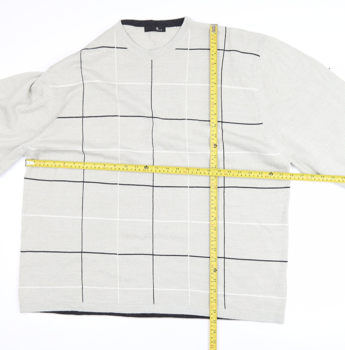 BHS Men’s Beige Check Crew Neck 2XL Acrylic Pullover Jumper