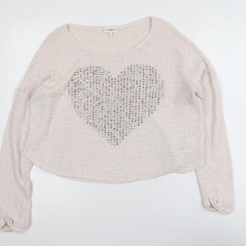 New Look Womens Beige Sequin Heart Knit Jumper Size 14