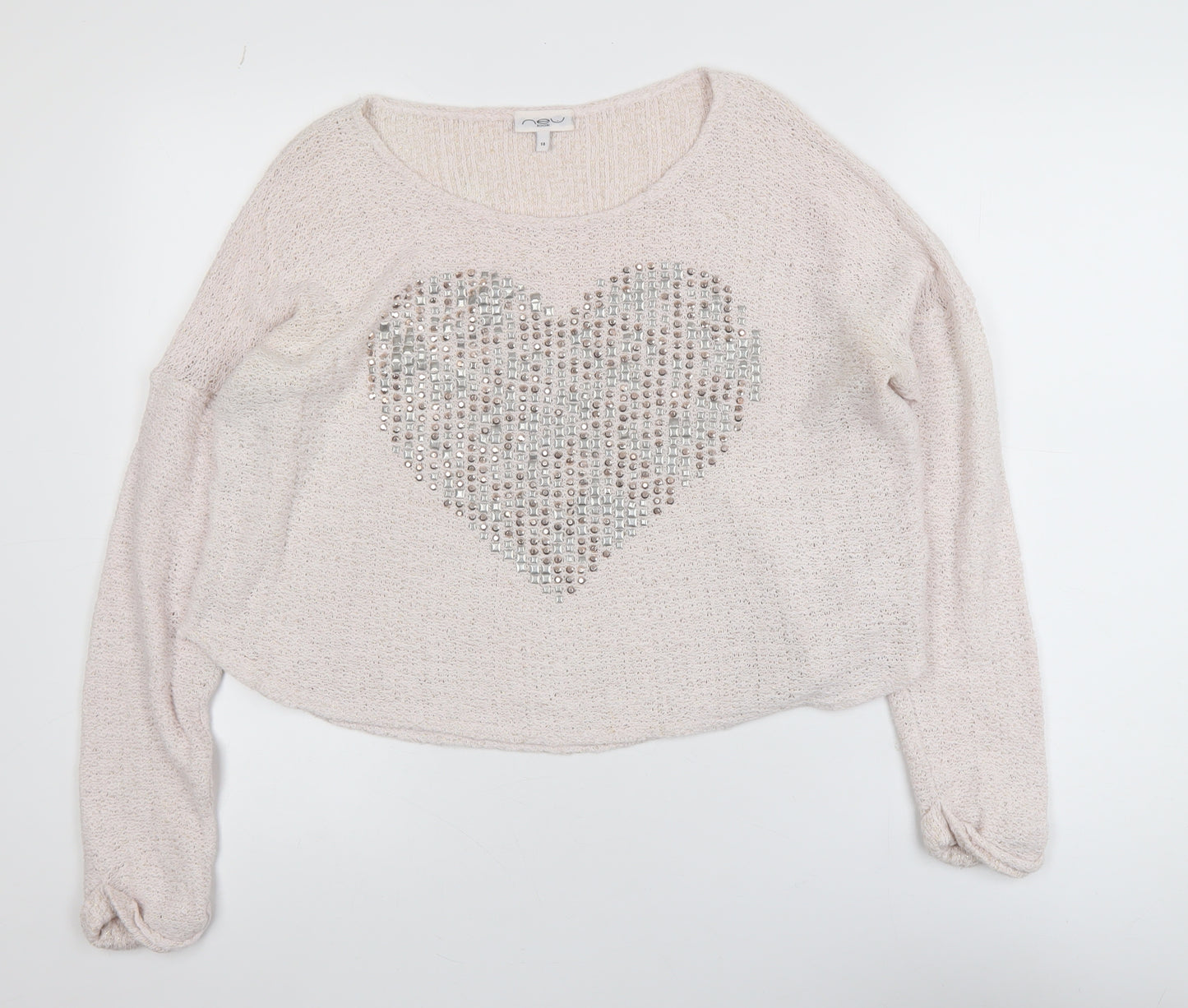 New Look Womens Beige Sequin Heart Knit Jumper Size 14