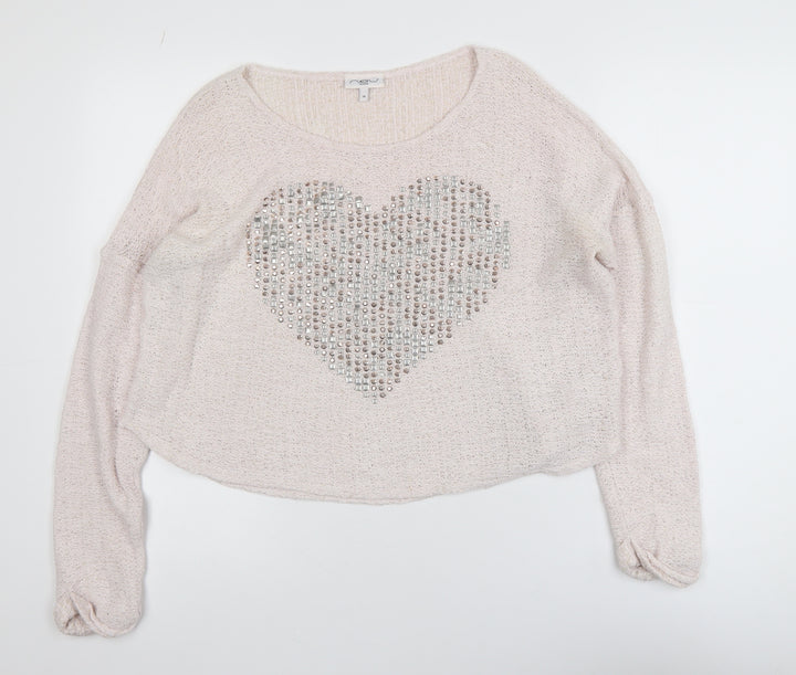 New Look Womens Beige Sequin Heart Knit Jumper Size 14