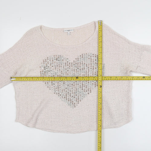 New Look Womens Beige Sequin Heart Knit Jumper Size 14