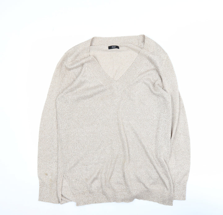 F&F Women’s Beige V-Neck Long Sleeve Pullover Jumper Size 12