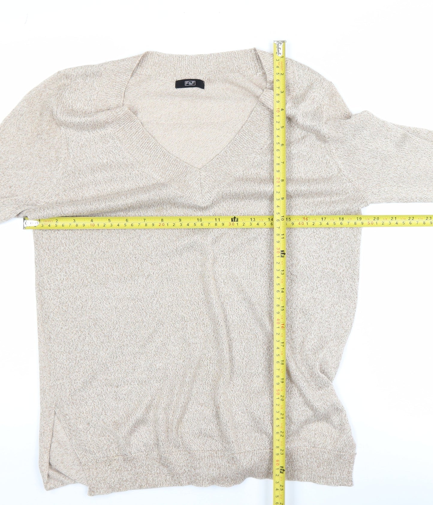 F&F Women’s Beige V-Neck Long Sleeve Pullover Jumper Size 12