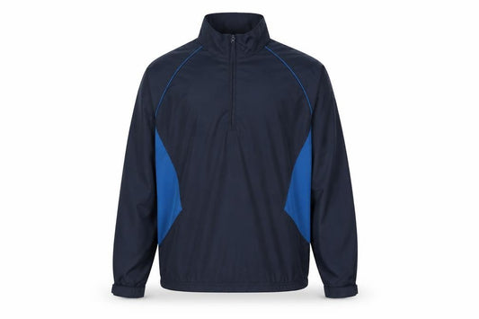 Front view of Aureus men’s blue 1/4 zip lightweight windbreaker jacket, size M