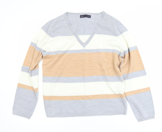 Marks and Spencer Women's Multicoloured Striped V-Neck Jumper Size 12