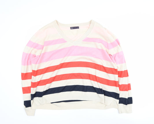Marks and Spencer Women’s Multicoloured Striped V-Neck Acrylic Jumper Size L