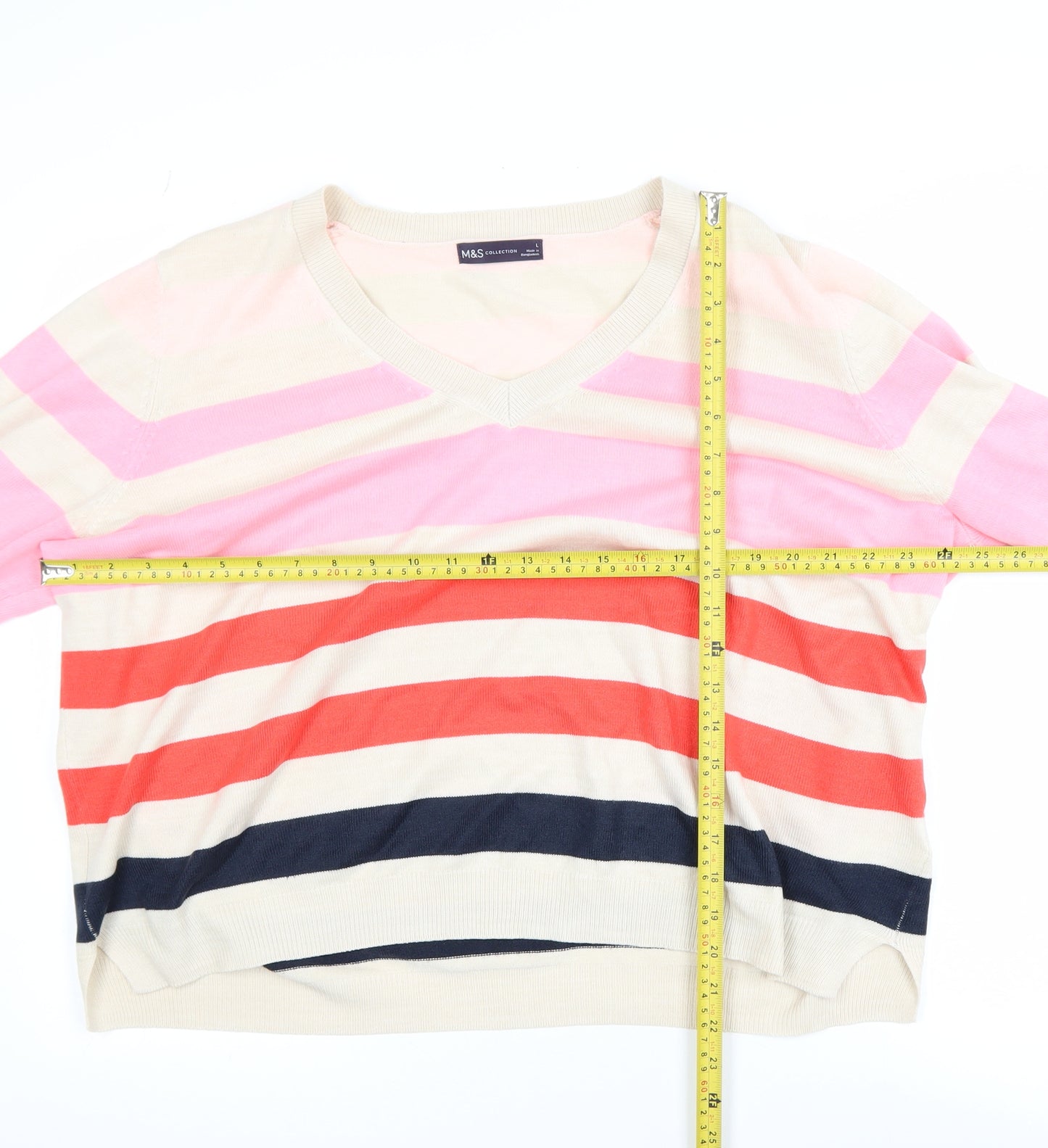 Marks and Spencer Women’s Multicoloured Striped V-Neck Acrylic Jumper Size L