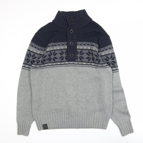 Next Men’s Grey Fair Isle Henley Jumper M Wool Blend Winter Knitwear