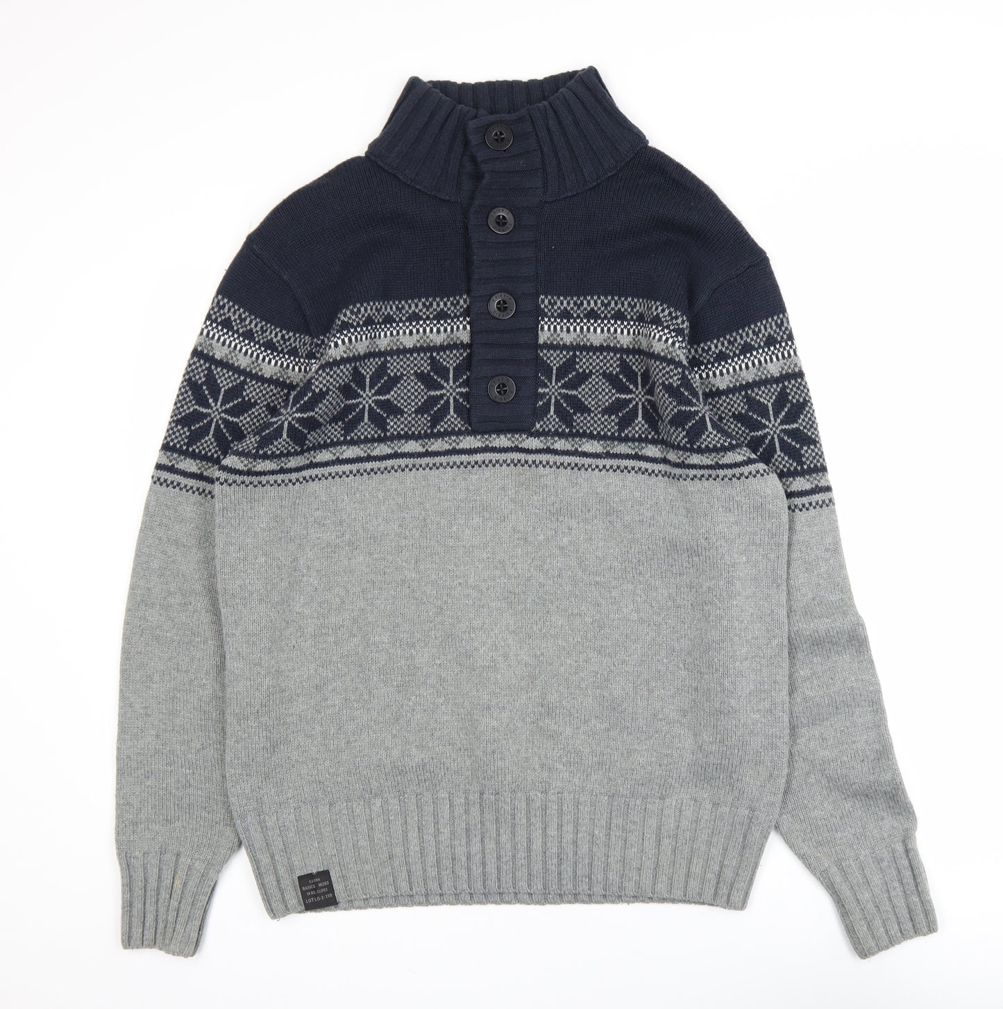 Next Men’s Grey Fair Isle Henley Jumper M Wool Blend Winter Knitwear