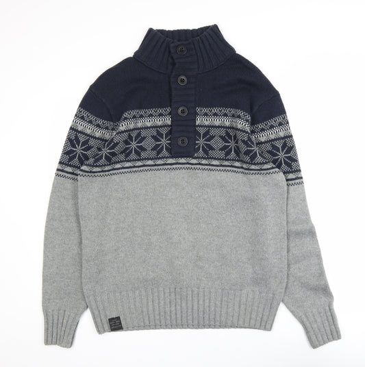 Next Men’s Grey Fair Isle Henley Jumper M Wool Blend Winter Knitwear