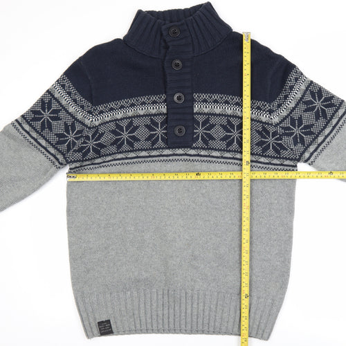 Next Men’s Grey Fair Isle Henley Jumper M Wool Blend Winter Knitwear