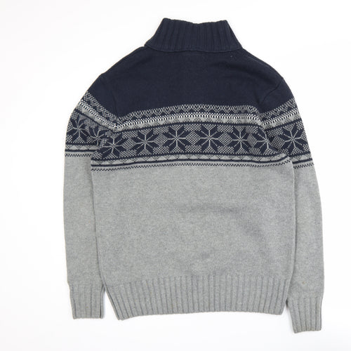 Next Men’s Grey Fair Isle Henley Jumper M Wool Blend Winter Knitwear