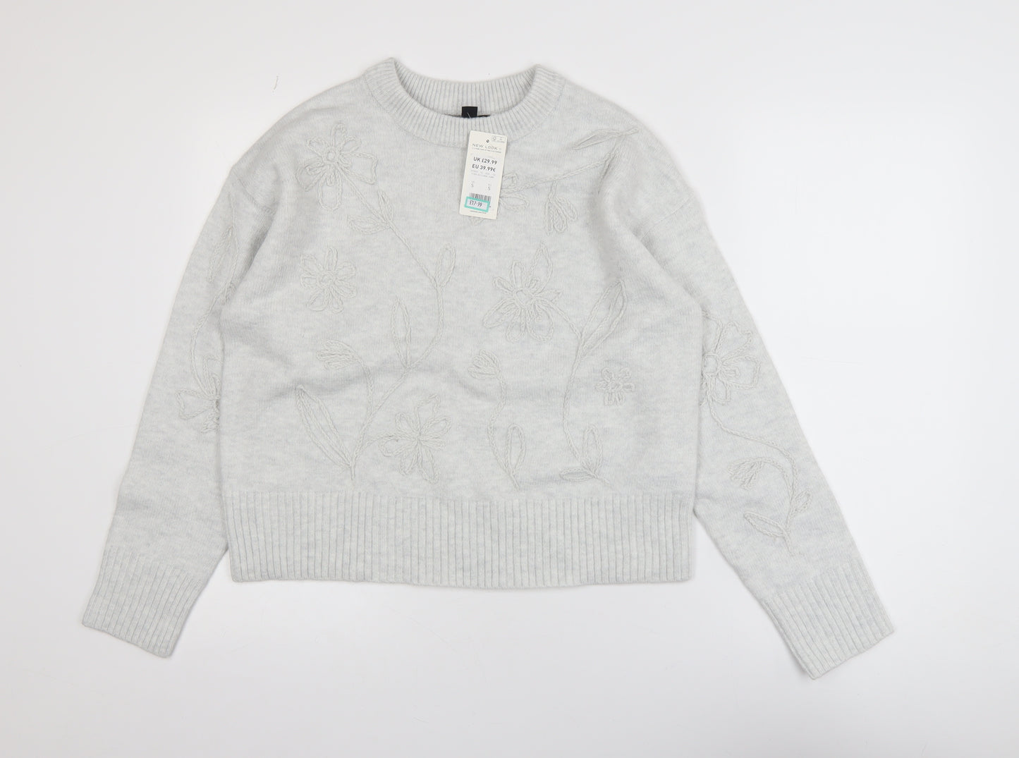 New Look Women’s Grey Floral Embroidered Knit Jumper Size S
