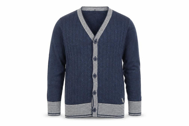 Front view of CHICKEEDUCK boys’ blue cotton cable knit cardigan, size 12-13, years