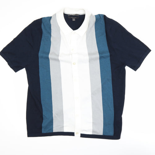 Marks and Spencer Men's Blue Striped Collared Short Sleeve Cardigan L