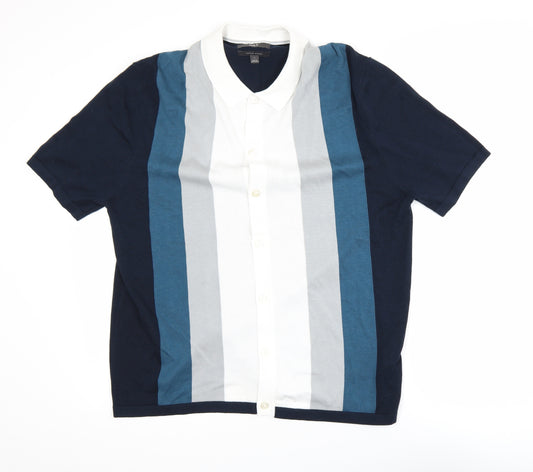Marks and Spencer Men's Blue Striped Collared Short Sleeve Cardigan L