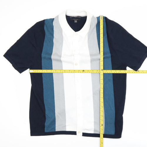 Marks and Spencer Men's Blue Striped Collared Short Sleeve Cardigan L