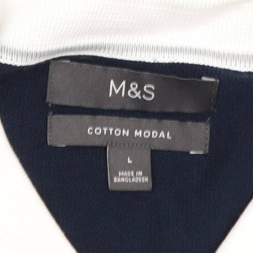 Marks and Spencer Men's Blue Striped Collared Short Sleeve Cardigan L