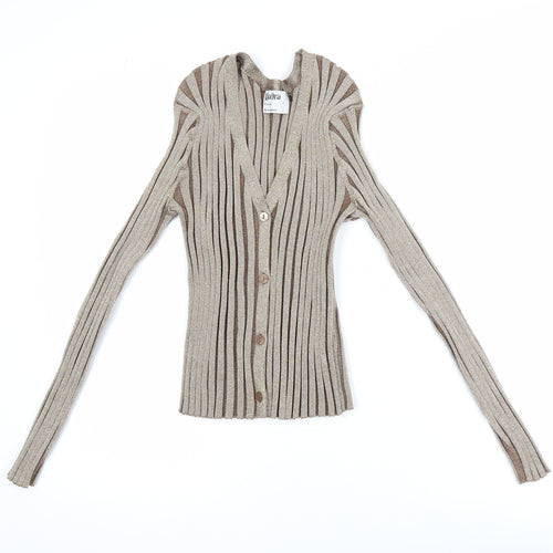 Primark Women Beige Ribbed Knit Long Sleeve V-Neck Cropped Blouse Size L