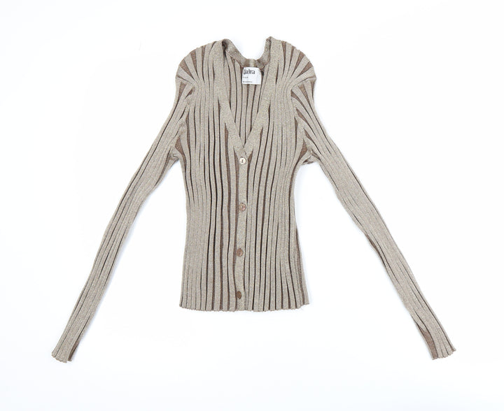 Primark Women Beige Ribbed Knit Long Sleeve V-Neck Cropped Blouse Size L