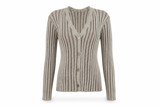 Front view of Primark Women Beige Ribbed Knit Long Sleeve V-Neck Cropped Blouse, size L
