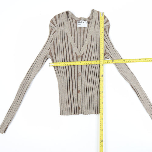 Primark Women Beige Ribbed Knit Long Sleeve V-Neck Cropped Blouse Size L