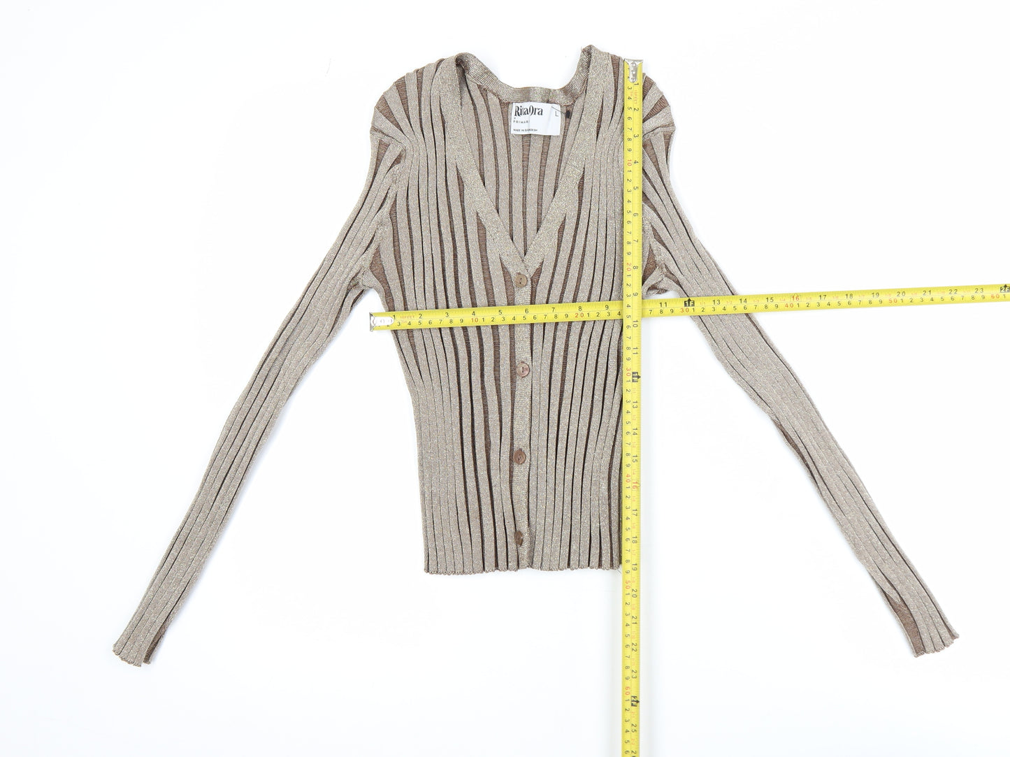 Primark Women Beige Ribbed Knit Long Sleeve V-Neck Cropped Blouse Size L