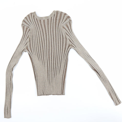 Primark Women Beige Ribbed Knit Long Sleeve V-Neck Cropped Blouse Size L