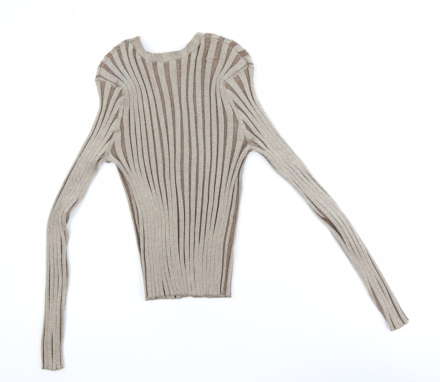Primark Women Beige Ribbed Knit Long Sleeve V-Neck Cropped Blouse Size L