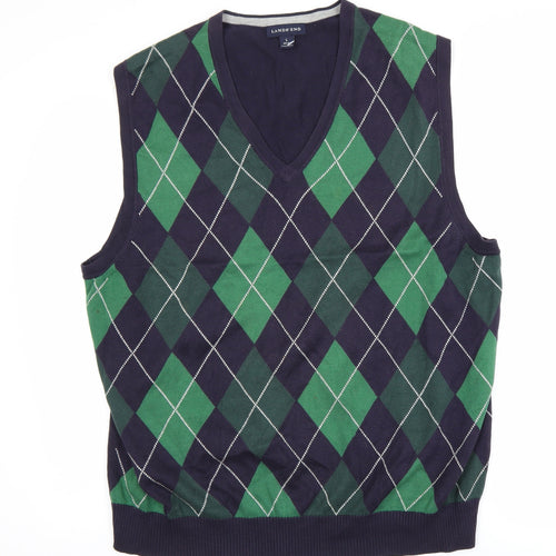 Lands’ End Men’s Blue Green Argyle Cotton Sleeveless Vest Jumper L