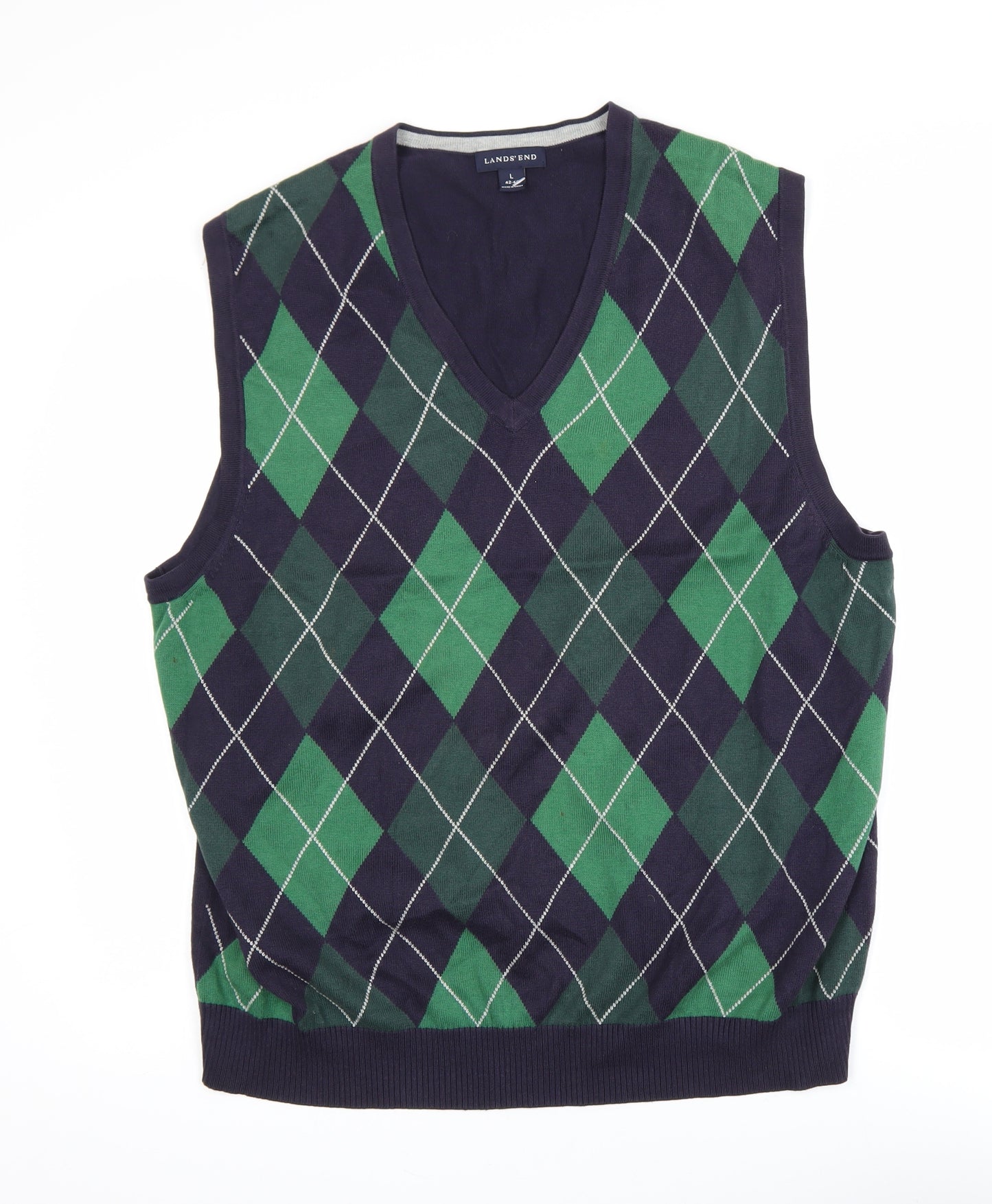 Lands’ End Men’s Blue Green Argyle Cotton Sleeveless Vest Jumper L