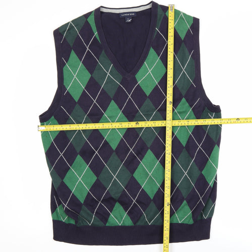 Lands’ End Men’s Blue Green Argyle Cotton Sleeveless Vest Jumper L