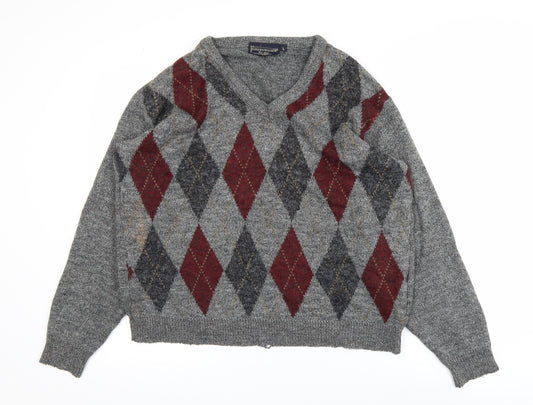 Greenwoods Men’s Grey Argyle Wool Blend V-Neck Jumper Size L